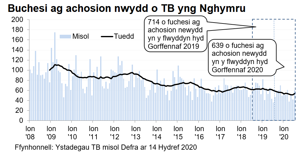 Siart yn dangos y tueddiad o ran achosion mewn buchesi newydd ers 2008. Roedd 639 o achosion newydd yn ystod y 12 mis hyd Gorffennaf 2020, sy’n ostyngiad o 11% o’i gymharu â’r 12 mis blaenorol.