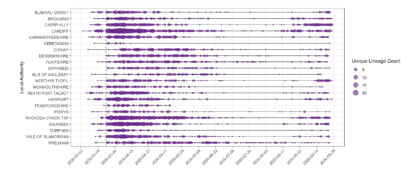 Figure 1 Unique SARS-CoV-2 UK lineages observed per Welsh local authority over time
