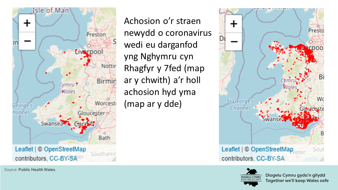 Achosion o’r straen newydd o coronavirus wedi eu darganfod yng Nghymru cyn Rhagfyr y 7fed (map ar y chwith) a’r holl achosion hyd yma (map ar y dde).