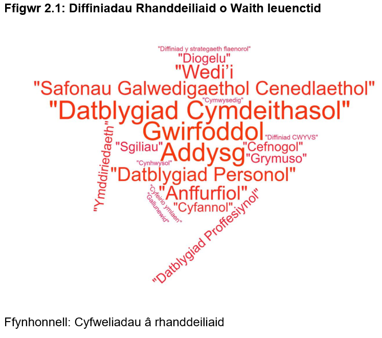 Cwmwl geiriau sy'n dangos barn rhanddeiliaid am y diffiniad o waith ieuenctid