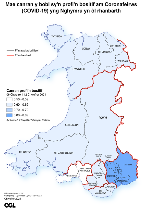 Ffigur yn dangos yr amcangyfrifon o ganran y boblogaeth yng Nghymru sy'n profi'n bositif am y coronafeirws (COVID-19) fesul rhanbarth rhwng 6 i 12 Chwefror 2021.