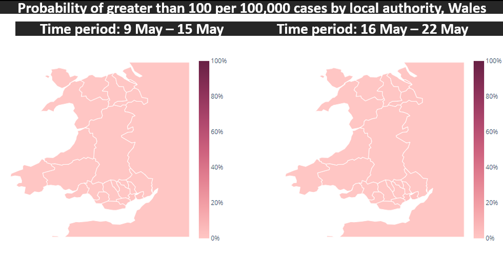 Probability of greater than 100 per 100,000 cases by local authority