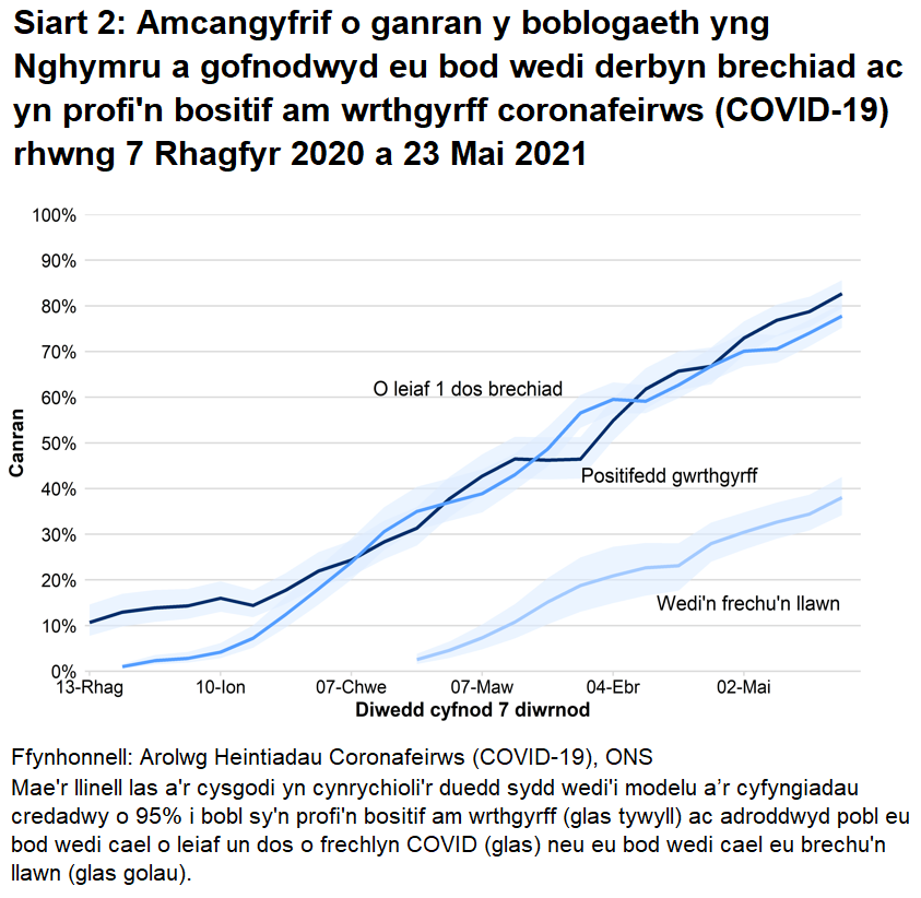 Mae'r siart yn dangos bod y gyfradd wrthgyrff, canran y bobl sy’n adrodd eu bod wedi cael o leiaf un dos o frechlyn COVID a’r rheini sydd wedi cael eu brechu’n llawn wedi parhau i gynyddu.