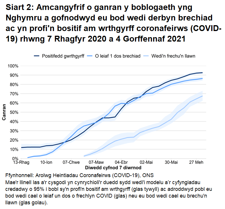 Mae'r siart yn dangos bod y gyfradd wrthgyrff, canran y bobl sy’n adrodd eu bod wedi cael o leiaf un dos o frechlyn COVID a’r rheini sydd wedi cael eu brechu’n llawn wedi parhau i gynyddu.