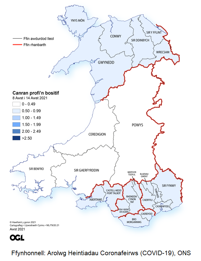 Ffigur yn dangos yr amcangyfrifon o ganran y boblogaeth yng Nghymru sy'n profi'n bositif am y coronafeirws (COVID-19) fesul rhanbarth rhwng 8 a 14 Awst.
