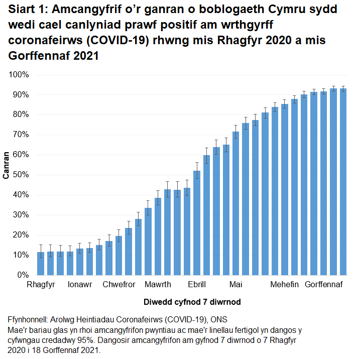 Mae'r siart yn dangos bod nifer y bobl sy'n profi'n bositif am wrthgyrff COVID-19 yn parhau i gynyddu.