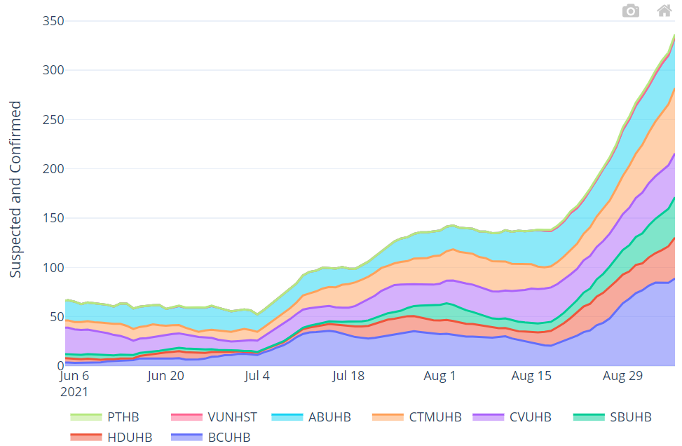 Graph showing hospital bed occupancy for suspected and confirmed COVID-19 positive patients