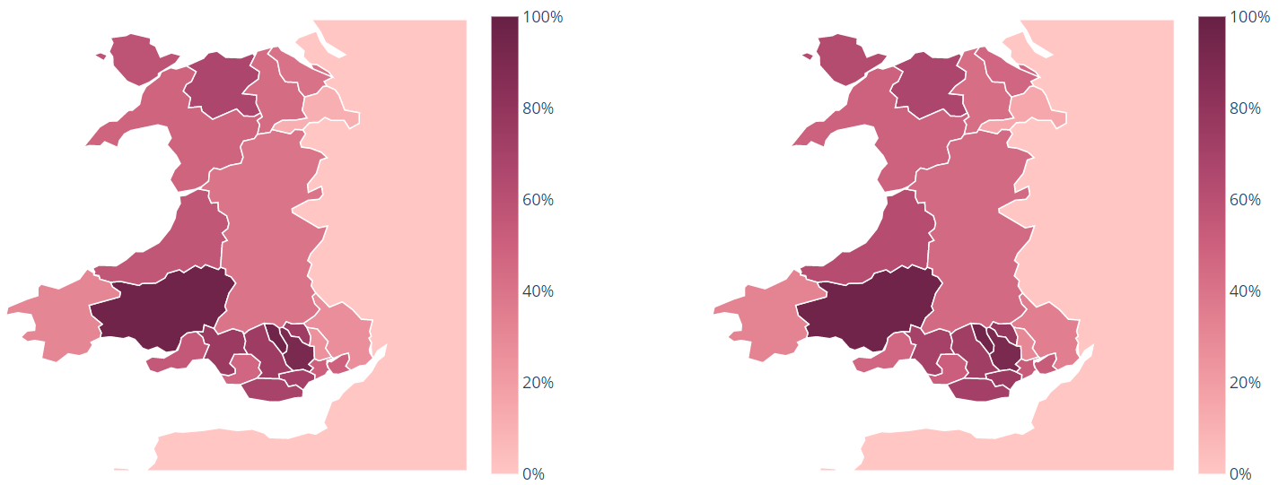 Map showing probability of greater than 500 per 100,000 cases by local authority