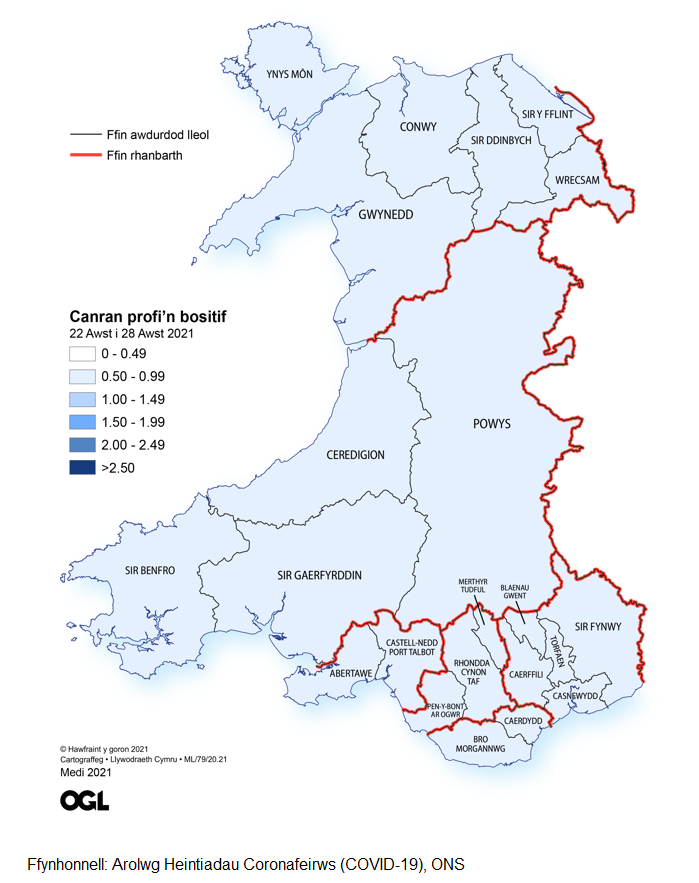 Ffigur yn dangos yr amcangyfrifon o ganran y boblogaeth yng Nghymru sy'n profi'n bositif am y coronafeirws (COVID-19) fesul rhanbarth rhwng 22 a 28 Awst.