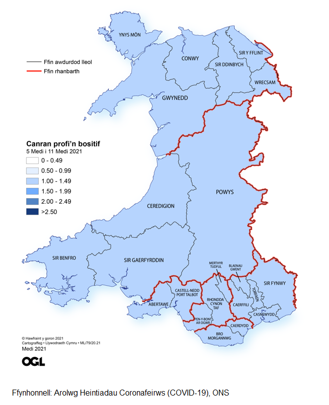 Ffigur yn dangos yr amcangyfrifon o ganran y boblogaeth yng Nghymru sy'n profi'n bositif am y coronafeirws (COVID-19) fesul rhanbarth rhwng 5 a 11 Medi.