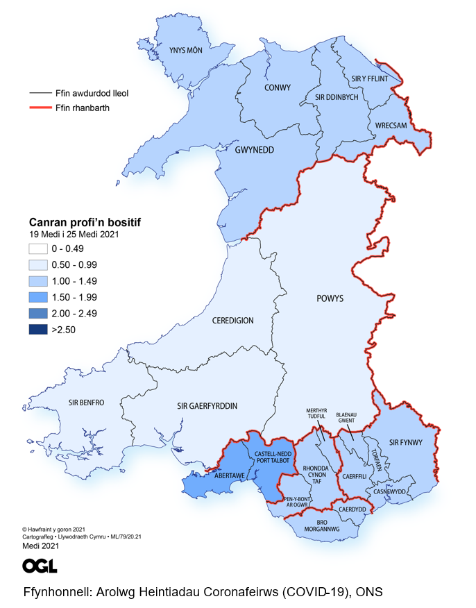 Ffigur yn dangos yr amcangyfrifon o ganran y boblogaeth yng Nghymru sy'n profi'n bositif am y coronafeirws (COVID-19) fesul rhanbarth rhwng 19 a 25 Medi.