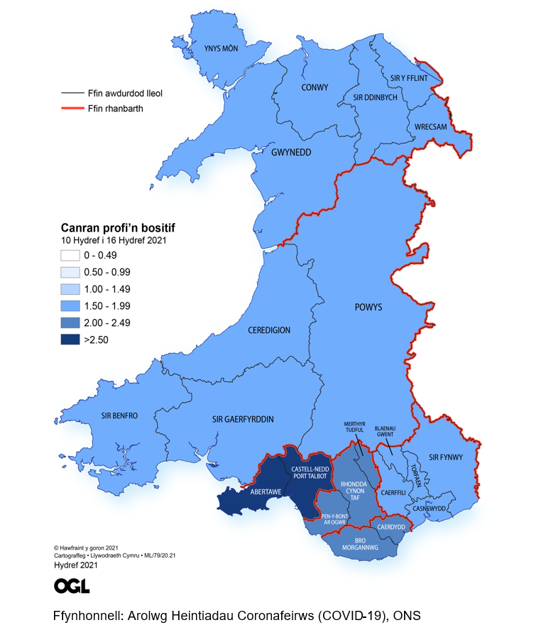 Ffigur yn dangos yr amcangyfrifon o ganran y boblogaeth yng Nghymru sy'n profi'n bositif am y coronafeirws (COVID-19) fesul rhanbarth rhwng 10 a 16 Hydref.
