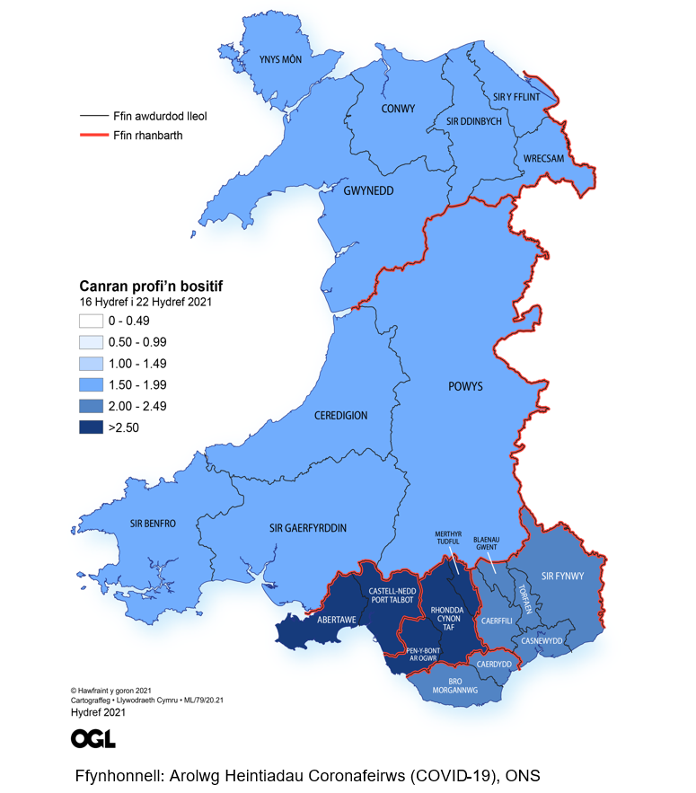 Ffigur yn dangos yr amcangyfrifon o ganran y boblogaeth yng Nghymru sy'n profi'n bositif am y coronafeirws (COVID-19) fesul rhanbarth rhwng 16 a 22 Hydref.