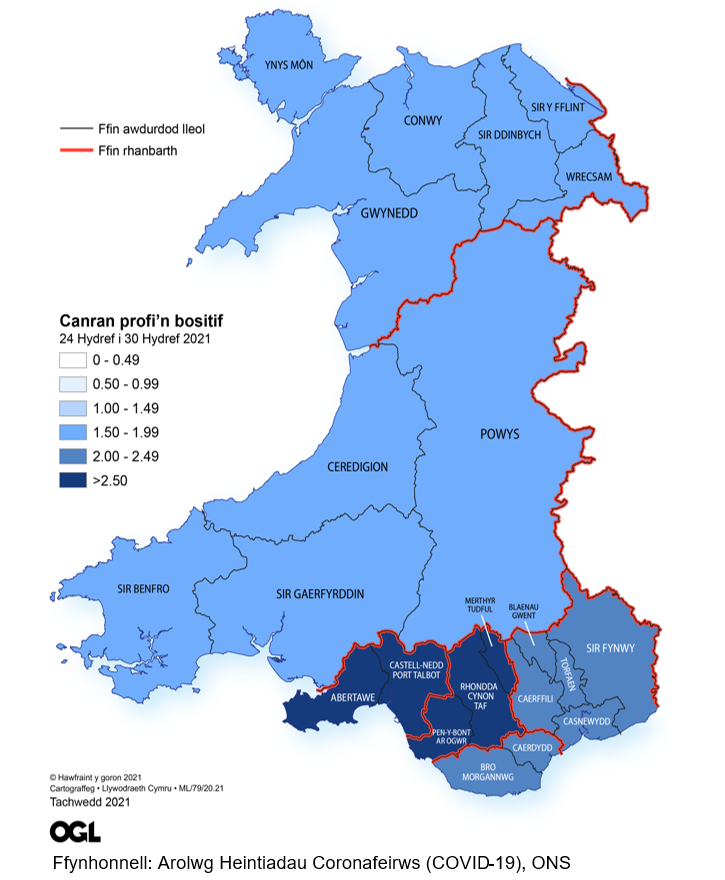 Ffigur yn dangos yr amcangyfrifon o ganran y boblogaeth yng Nghymru sy'n profi'n bositif am y coronafeirws (COVID-19) fesul rhanbarth rhwng 24 a 30 Hydref.