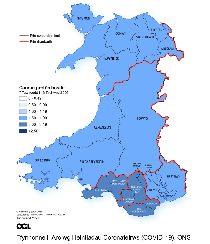 Ffigur yn dangos yr amcangyfrifon o ganran y boblogaeth yng Nghymru sy'n profi'n bositif am y coronafeirws (COVID-19) fesul rhanbarth rhwng 7 a 13 Tachwedd.