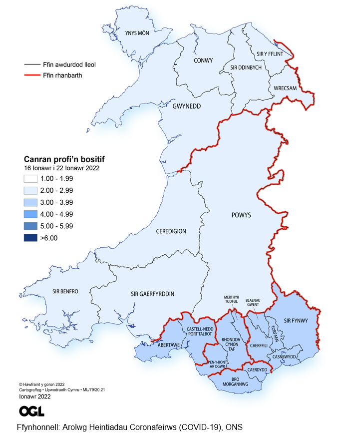 Ffigur yn dangos yr amcangyfrifon o ganran y boblogaeth yng Nghymru sy'n profi'n bositif am y coronafeirws (COVID-19) fesul rhanbarth rhwng 16 a 22 Ionawr 2022.