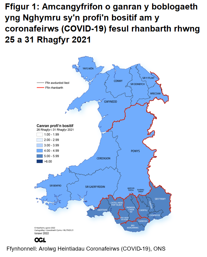 Ffigur yn dangos yr amcangyfrifon o ganran y boblogaeth yng Nghymru sy'n profi'n bositif am y coronafeirws (COVID-19) fesul rhanbarth rhwng 25 a 31 Rhagfyr.