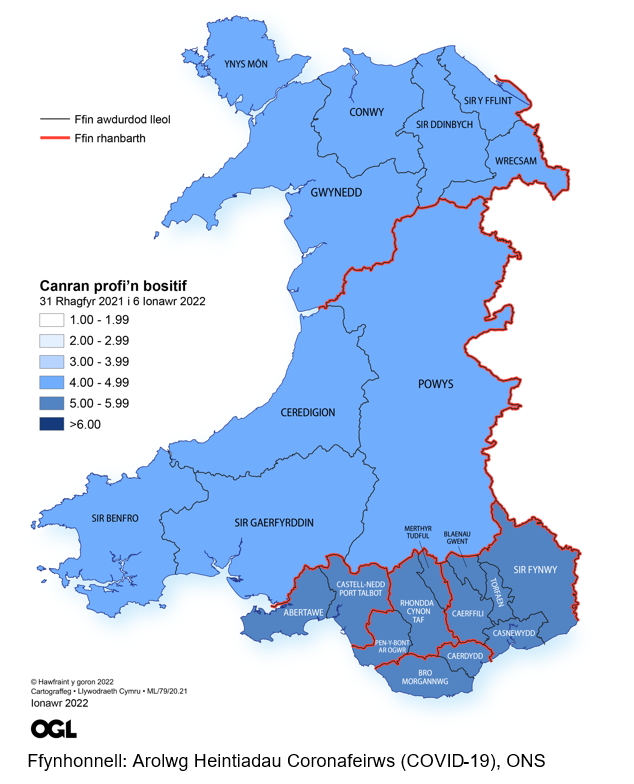 Ffigur yn dangos yr amcangyfrifon o ganran y boblogaeth yng Nghymru sy'n profi'n bositif am y coronafeirws (COVID-19) fesul rhanbarth rhwng 31 Rhagfyr a 6 Ionawr 2022.