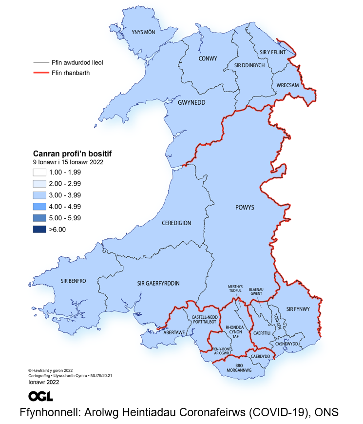 Ffigur yn dangos yr amcangyfrifon o ganran y boblogaeth yng Nghymru sy'n profi'n bositif am y coronafeirws (COVID-19) fesul rhanbarth rhwng 31 Rhagfyr 2021 a 6 Ionawr 2022.