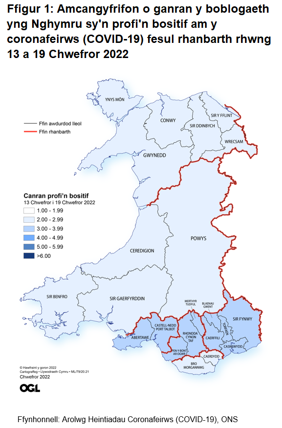Ffigur yn dangos yr amcangyfrifon o ganran y boblogaeth yng Nghymru sy'n profi'n bositif am y coronafeirws (COVID-19) fesul rhanbarth rhwng 13 i 19 Chwefror 2022.