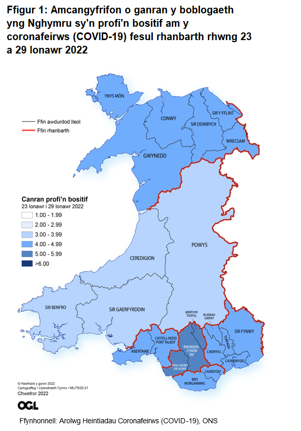 Ffigur yn dangos yr amcangyfrifon o ganran y boblogaeth yng Nghymru sy'n profi'n bositif am y coronafeirws (COVID-19) fesul rhanbarth rhwng 23 a 29 Ionawr 2022.