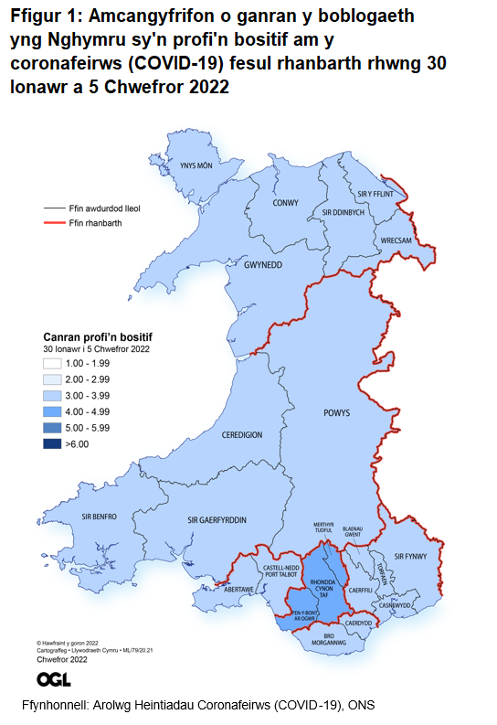 Ffigur yn dangos yr amcangyfrifon o ganran y boblogaeth yng Nghymru sy'n profi'n bositif am y coronafeirws (COVID-19) fesul rhanbarth rhwng 30 Ionawr i 5 Chwefror 2022.