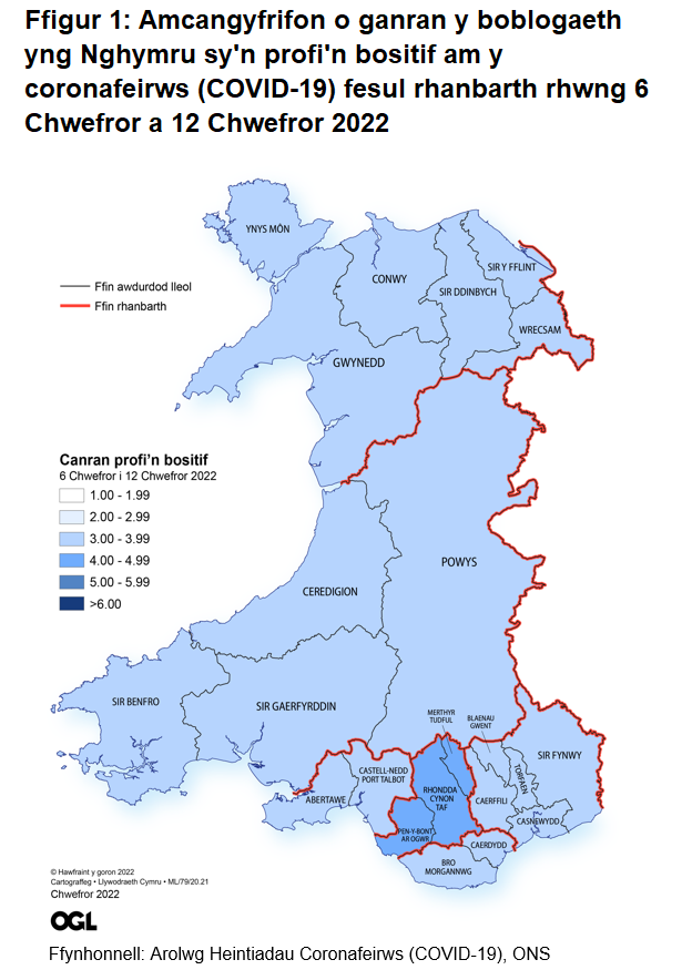 Ffigur yn dangos yr amcangyfrifon o ganran y boblogaeth yng Nghymru sy'n profi'n bositif am y coronafeirws (COVID-19) fesul rhanbarth rhwng 6  i 12 Chwefror 2022.