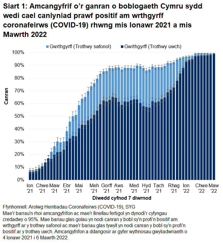 Mae'r siart yn dangos bod cyfraddau gwrthgyrff yn parhau i fod yn uchel yn ystod yr wythnosau diwethaf.