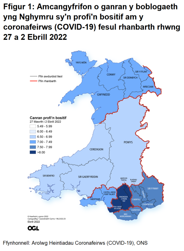 Ffigur yn dangos yr amcangyfrifon o ganran y boblogaeth yng Nghymru sy'n profi'n bositif am y coronafeirws (COVID-19) fesul rhanbarth rhwng 27 i 2 Ebrill 2022