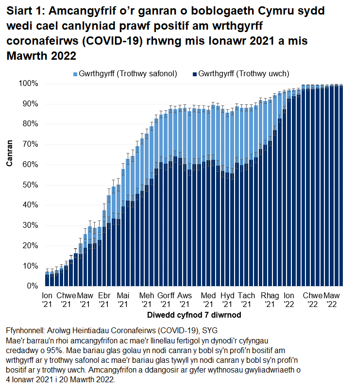 Mae'r siart yn dangos bod cyfraddau gwrthgyrff yn parhau i fod yn uchel yn ystod yr wythnosau diwethaf.