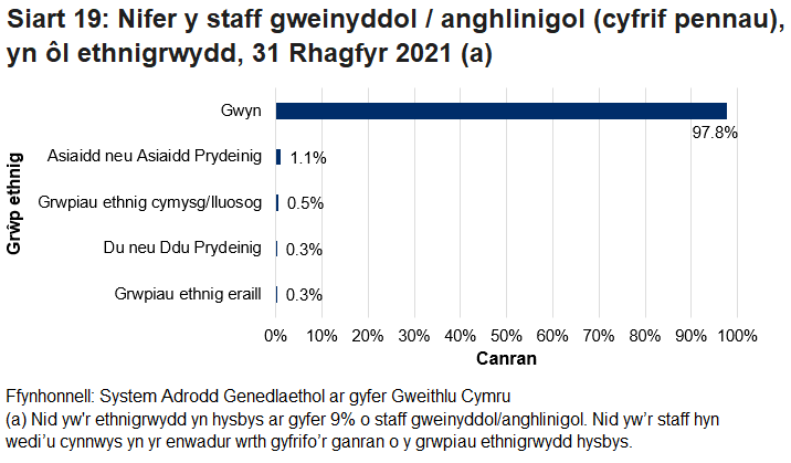 Roedd bron i 98% o’r staff gweinyddol/anghlinigol yn dod o grŵp ethnig gwyn. O'r rhai o gefndir ethnig leiafrifol, roedd y rhan fwyaf ohonynt o gefndir Asiaidd neu Asiaidd Prydeinig (1.1%).
