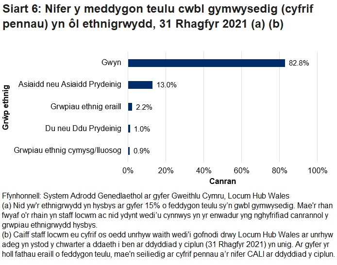 Roedd wyth o bob deg (neu 82.8%) o feddygon teulu cwbl gymwysedig o gefndir ethnig gwyn. Asiaidd neu Asiaidd Prydeinig oedd y grŵp ethnig mwyaf o ran  meddygon teulu o gefndir ethnig leiafrifol (13.0% o'r holl feddygon teulu).