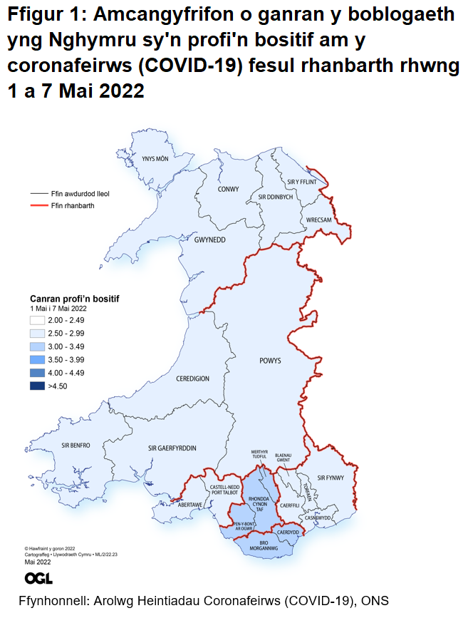 Ffigur yn dangos yr amcangyfrifon o ganran y boblogaeth yng Nghymru sy'n profi'n bositif am y coronafeirws (COVID-19) fesul rhanbarth rhwng 1 i 7 Mai 2022.