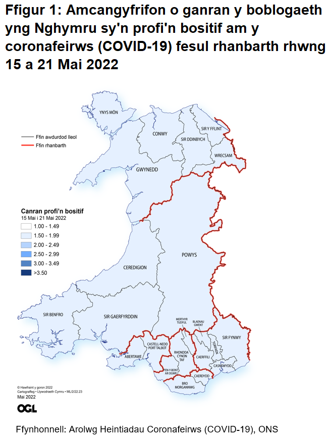 Ffigur yn dangos yr amcangyfrifon o ganran y boblogaeth yng Nghymru sy'n profi'n bositif am y coronafeirws (COVID-19) fesul rhanbarth rhwng 15 i 21 Mai 2022
