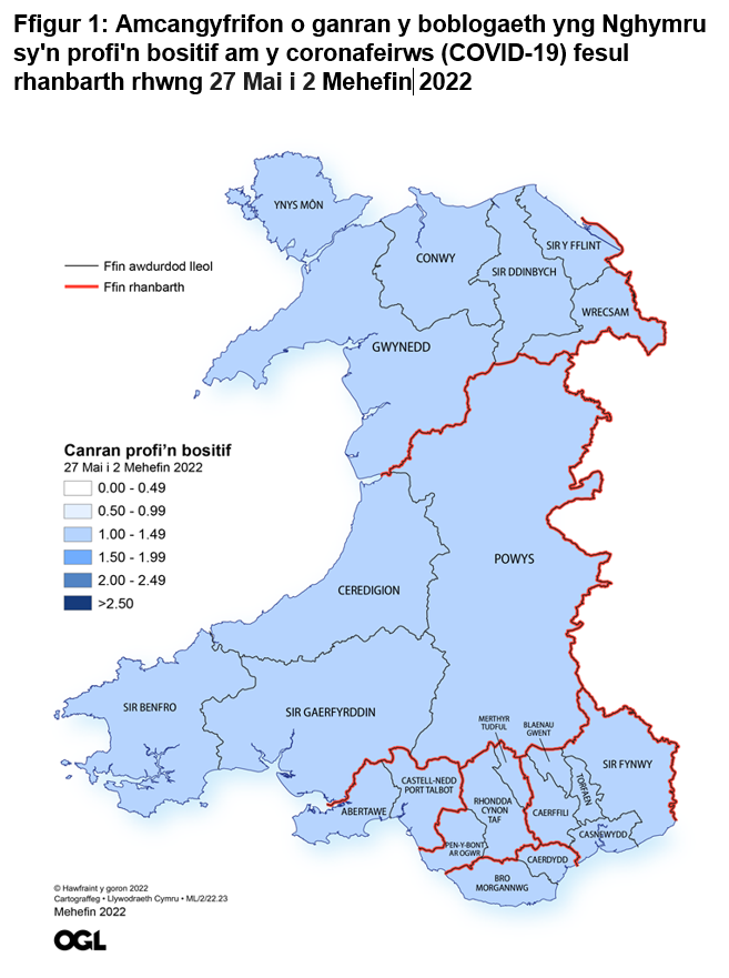 Amcangyfrifon o ganran y boblogaeth yng Nghymru sy'n profi'n bositif am y coronafeirws 