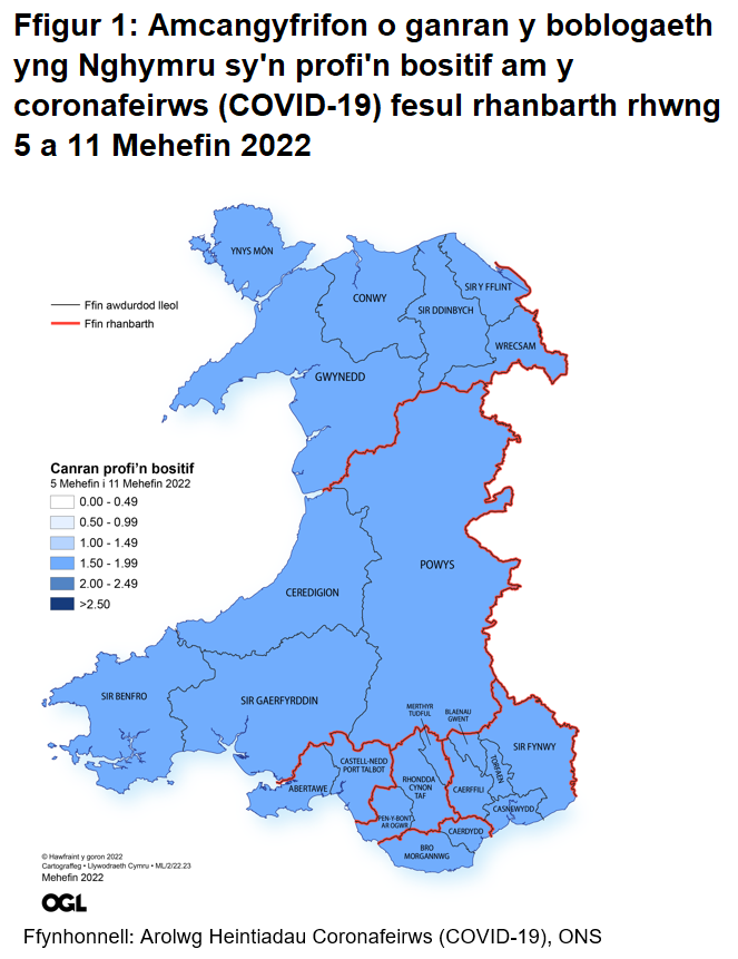 Ffigur yn dangos yr amcangyfrifon o ganran y boblogaeth yng Nghymru sy'n profi'n bositif am y coronafeirws (COVID-19) fesul rhanbarth rhwng 5 i 11 Mehefin 2022.