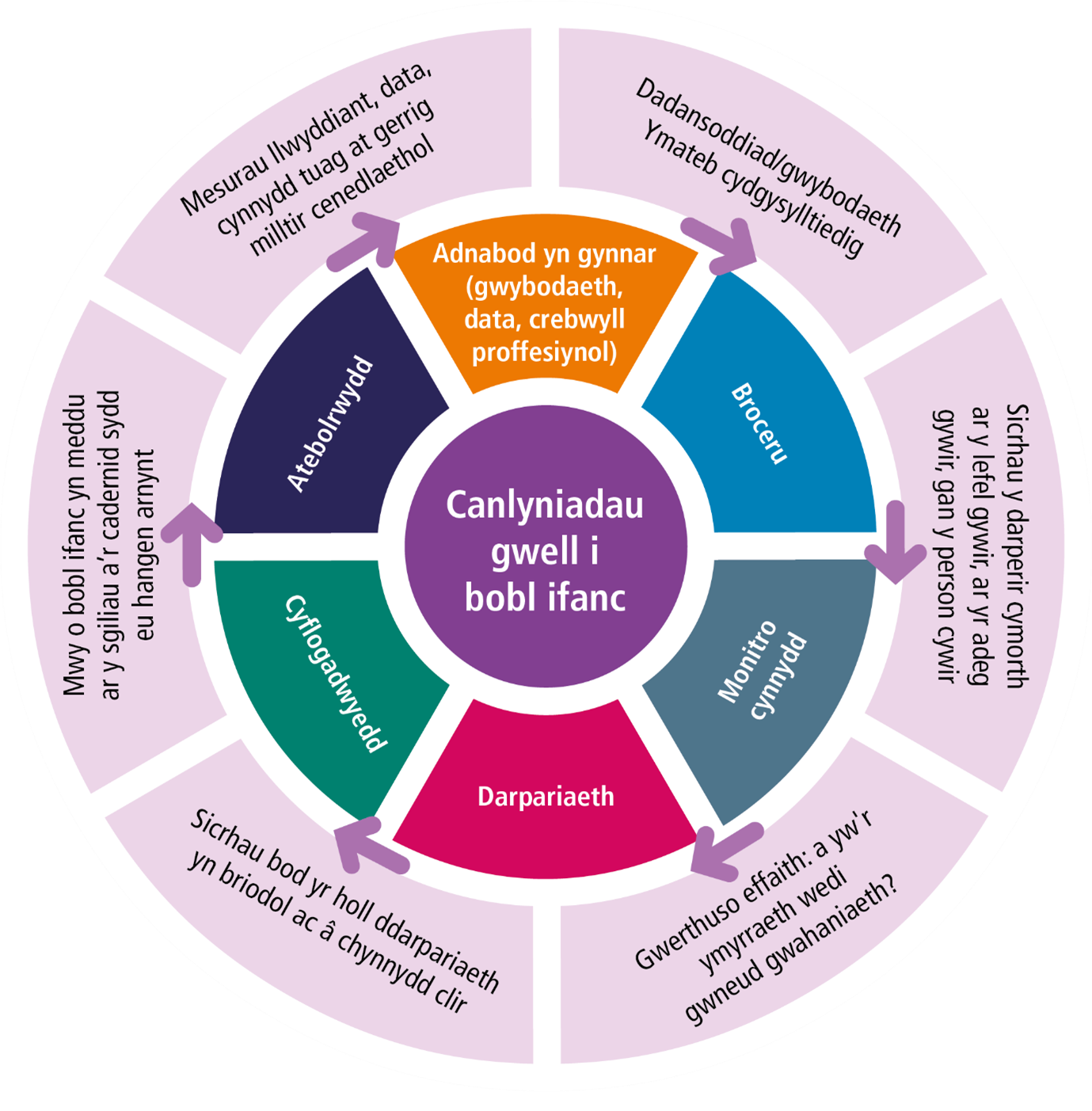 Diagram yn dangos bod y 6 chydran o'r Fframwaith yn gysylltiedig â’i gilydd, o fewn cylch o adolygiad a myfyrdod. 