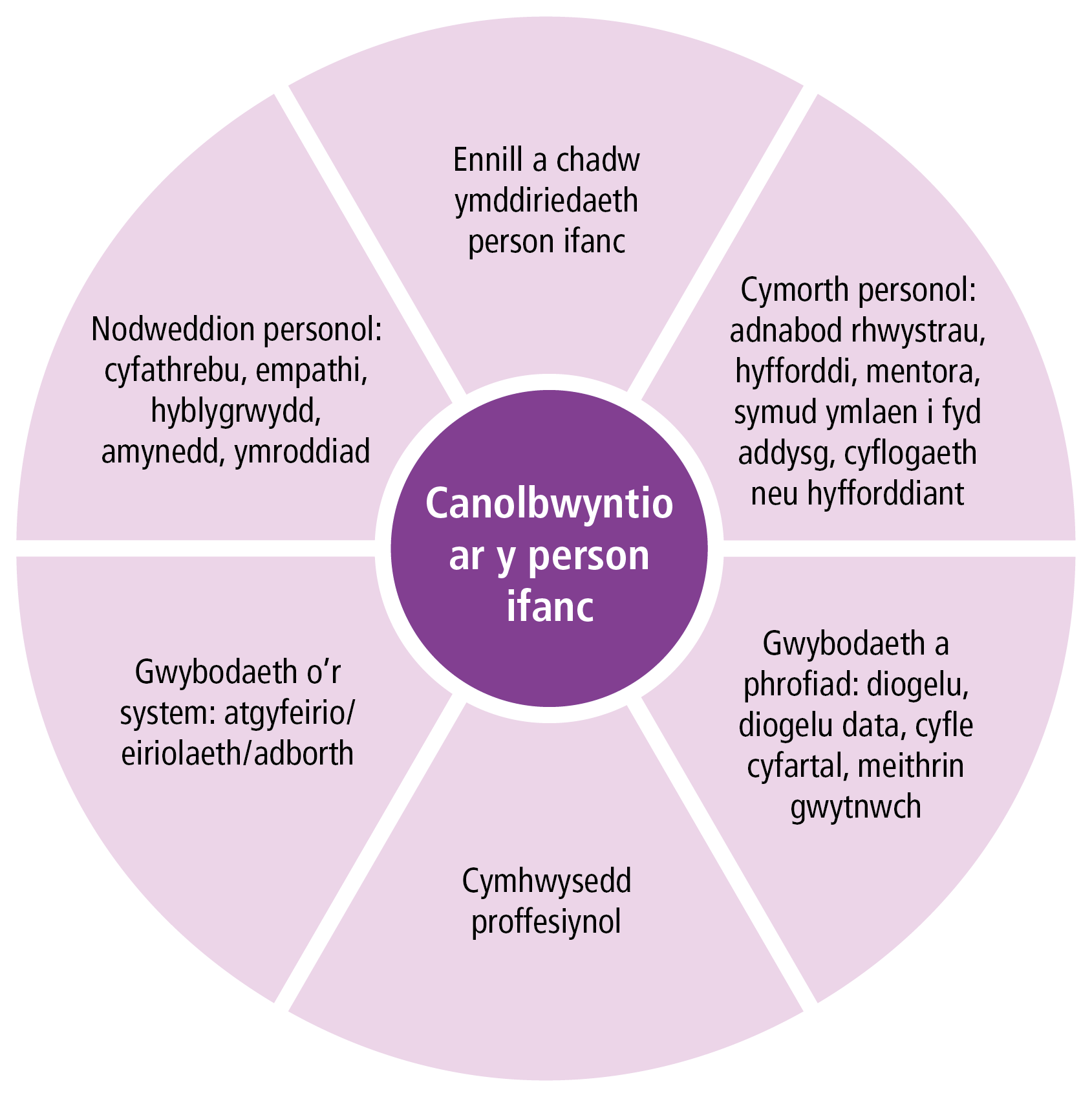Gyda’r person ifanc yn y canol, mae'r diagram isod yn dangos pa sgiliau, gwybodaeth a rhinweddau sy'n ofynnol gan y gweithiwr arweiniol.