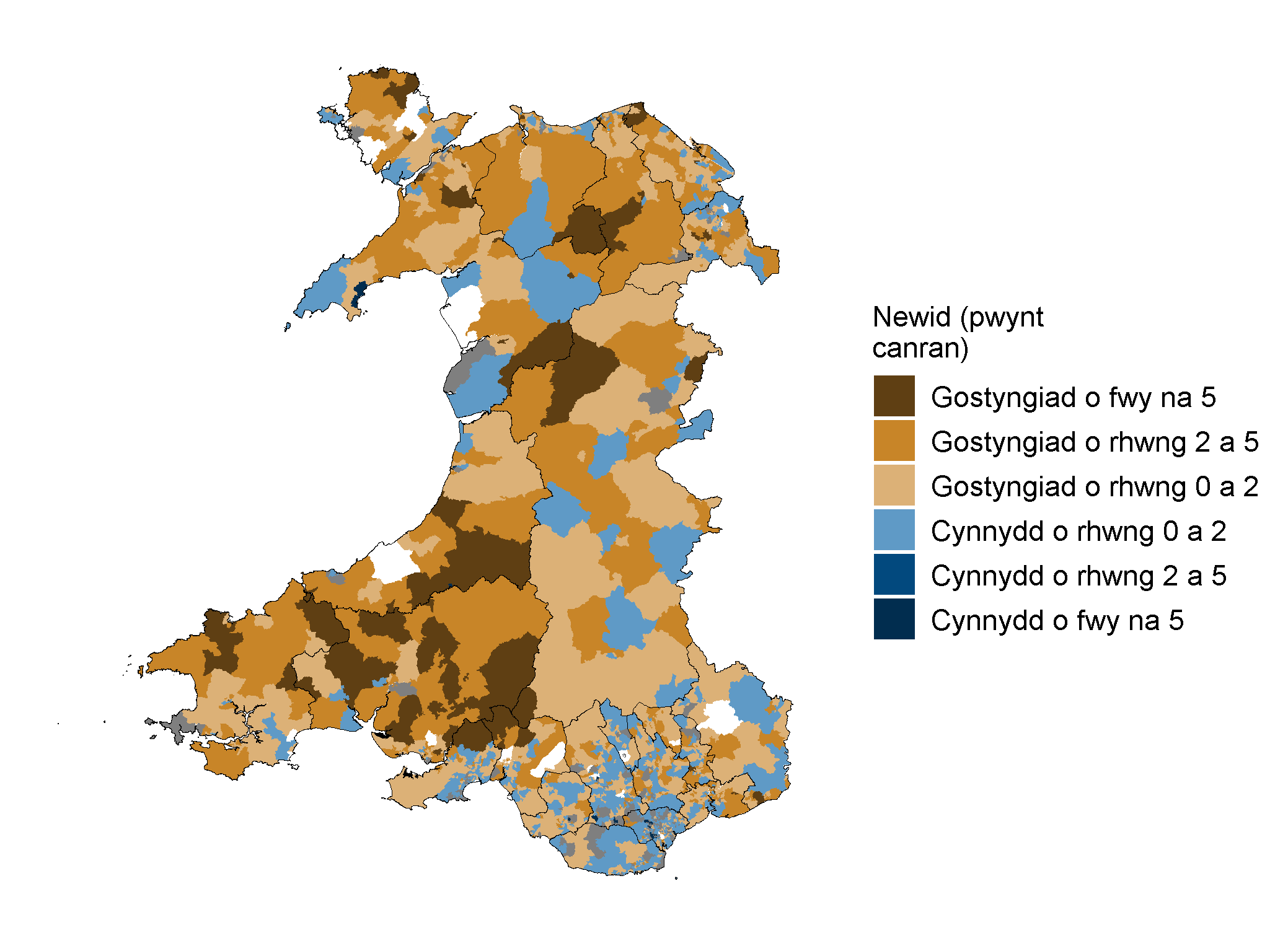 Mae’r map hwn yn dangos sut mae’r newid yng nghanran y bobl tair oed neu’n hŷn sy’n gallu siarad Cymraeg rhwng 2011 a 2021 yn amrywio fesul ardal fach a elwir yn ACEHIau. Roedd y rhan fwyaf o’r ardaloedd bach a welodd y cynnydd mwyaf yn ne ddwyrain Cymru ac roedd y rhan fwyaf o’r ardaloedd bach a welodd y gostyngiadau mwyaf yn ne orllewin Cymru.