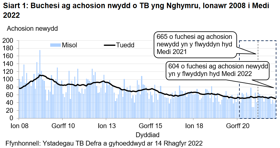 Siart yn dangos y tueddiad o ran achosion mewn buchesi newydd ers 2008. Roedd 604 o achosion newydd yn ystod y 12 mis hyd Medi 2022 sy’n ostyngiad o9.2% o’i gymharu â’r 12 mis blaenorol.