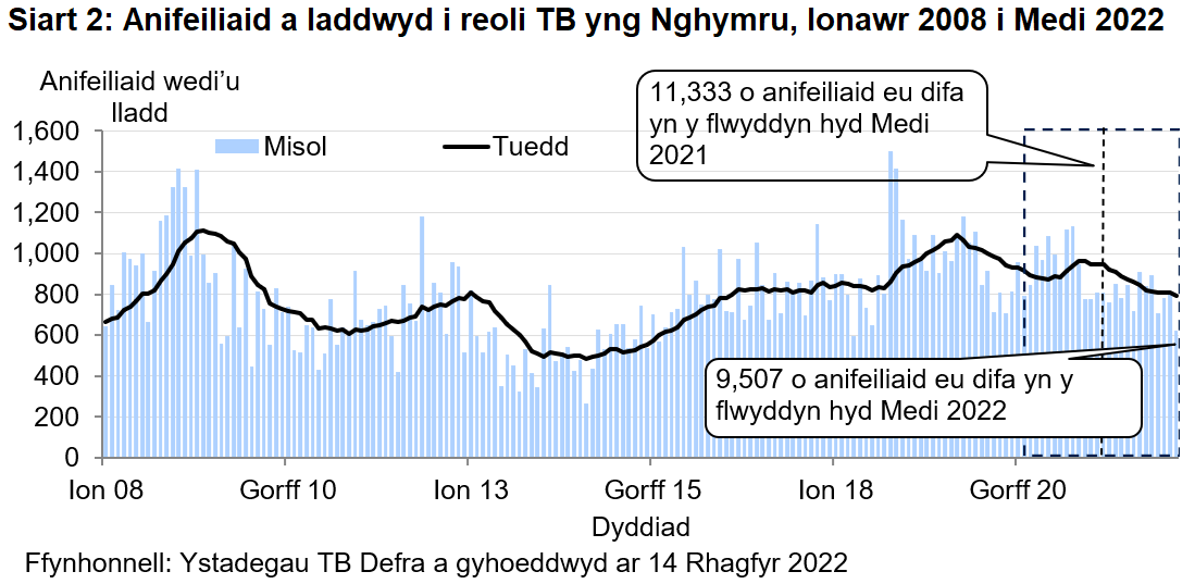 Siart yn dangos y tueddiad o ran anifeiliaid a gafodd eu difa er mwyn rheoli TB yng Nghymru ers 2008. Cafodd 9507 o anifeiliaid eu difa yn ystod y 12 mis hyd Medi 2022, sy’n ostyngiad o 16.1% o’i gymharu â’r 12 mis blaenorol.