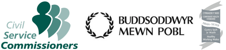 Logos: Civil Service Commissioners, Buddsoddwyr mewn pobl Arian, Cymru Iach ar Waith Cyrraedd y Nod Arian