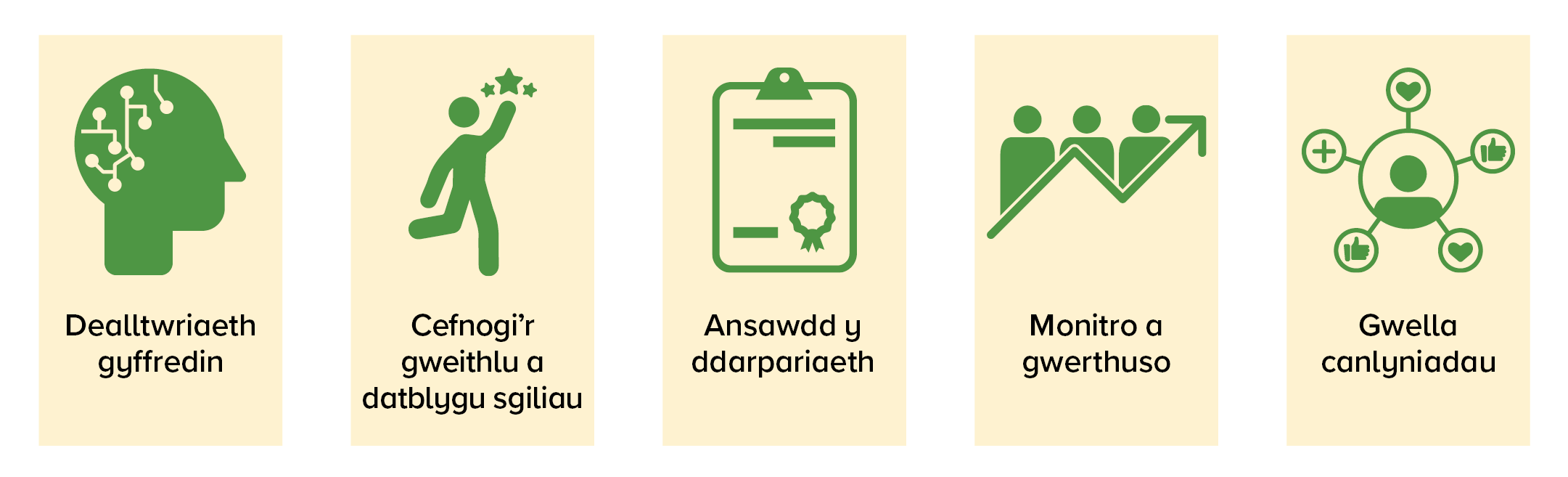 Dealltwriaeth gyffredin. Cefnogi'r gweithlu a datblygu sgiliau. Ansawdd y ddarpariaeth. Monitro a gwerthuso. Gwella canlyniadau.