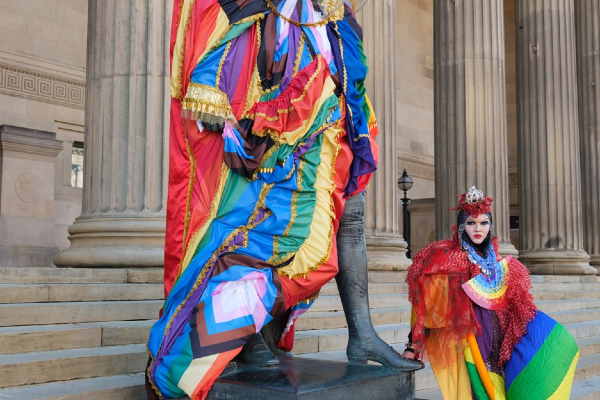 Artist Daniel Lismore with his redressed statue of Disraeli. 