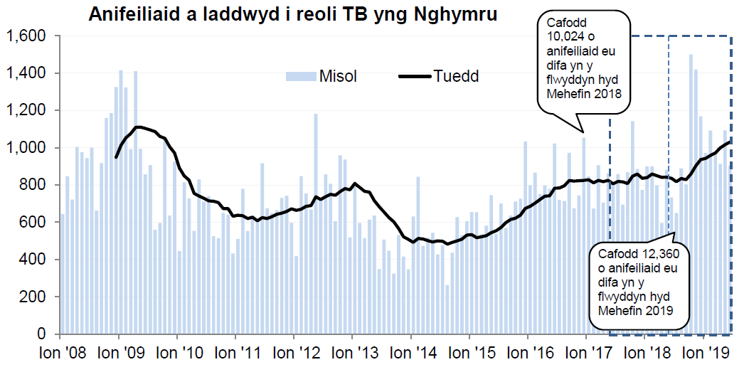 Siart yn dangos y tueddiad o ran anifeiliaid a gafodd eu difa er mwyn rheoli TB yng Nghymru ers 2008. Cafodd 12,360 o anifeiliaid eu difa yn ystod y 12 mis hyd Mehefin 2019, sy’n gynnydd o 23% o’i gymharu â’r 12 mis blaenorol.