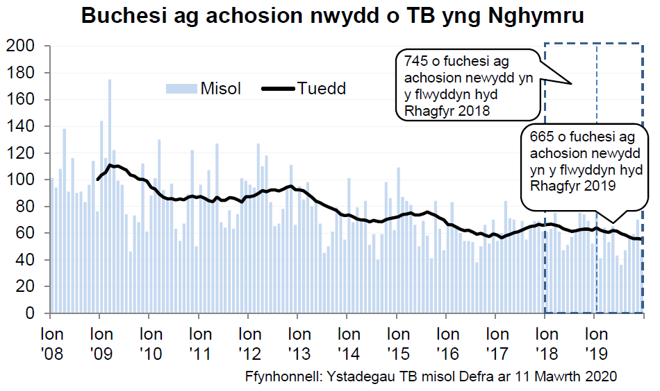 Siart yn dangos y tueddiad o ran achosion mewn buchesi newydd ers 2008. Roedd 665 o achosion newydd yn ystod y 12 mis hyd Rhagfyr 2019, sy’n ostyngiad o 11% o’i gymharu â’r 12 mis blaenorol.