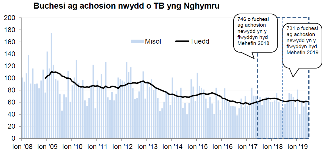 Siart yn dangos y tueddiad o ran achosion mewn buchesi newydd ers 2008. Roedd 731 o achosion newydd yn ystod y 12 mis hyd Mehefin 2019, sy’n ostyngiad o 2% o’i gymharu â’r 12 mis blaenorol.