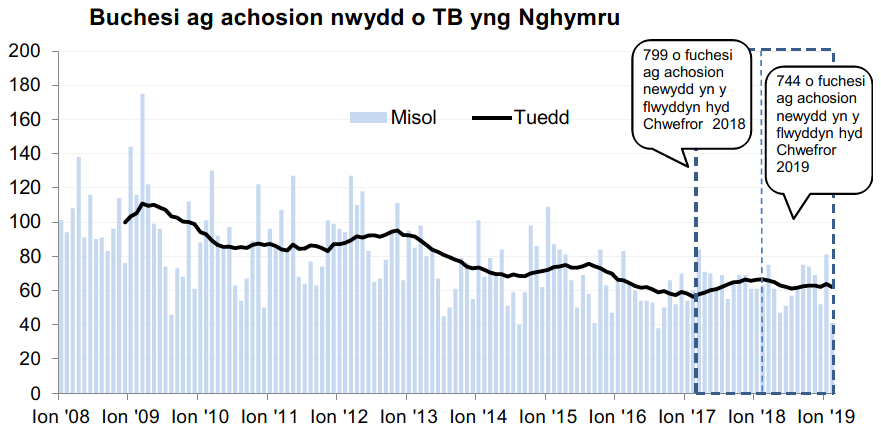 Siart yn dangos y tueddiad o ran achosion mewn buchesi newydd ers 2008. Roedd 744 o achosion newydd yn ystod y 12 mis hyd Chwefror 2019, sy’n ostyngiad o 7% o’i gymharu â’r 12 mis blaenorol.