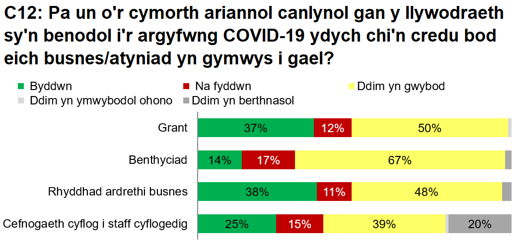 C12 Mae 38% yn ymwybodol o ryddhad ardrethi busnes, mae 37% yn ymwybodol o grantiau, mae 25% yn ymwybodol o gefnogaeth cyflog i staff cyflogedig ac mae 14% yn ymwybodol o fenthyciadau.