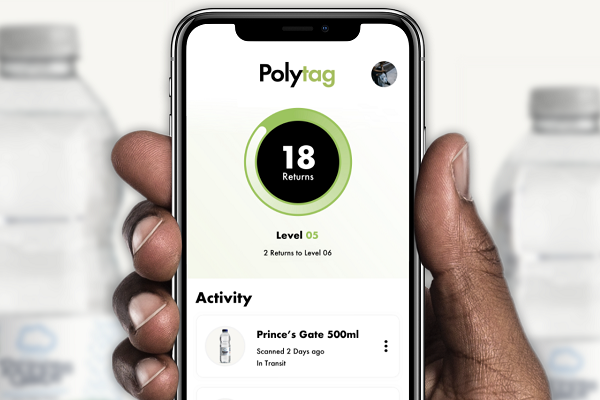 Llun o app Polytag ar ffôn